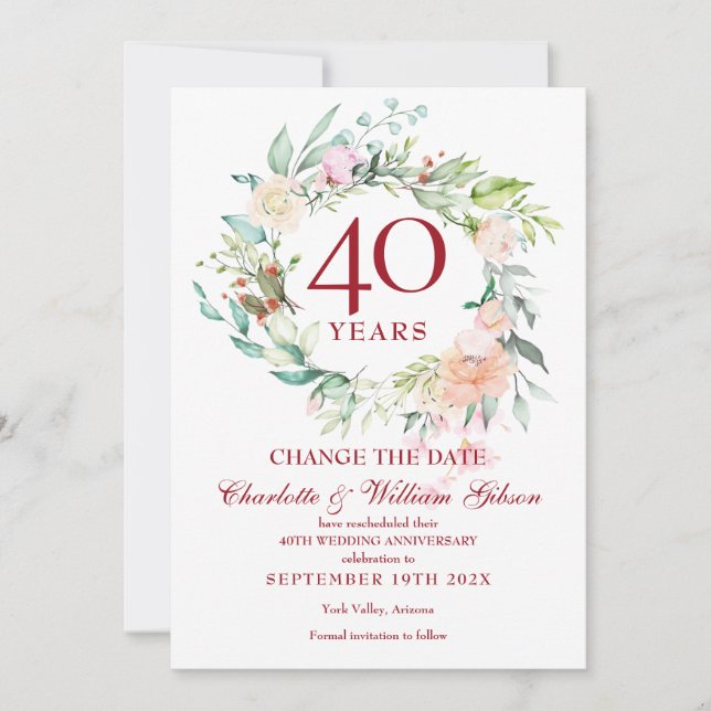 Invitation Guirlande de roses pour changement de date du 40e  (Devant)