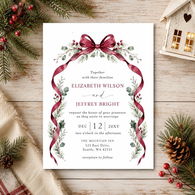 Invitation Guirlande de ruban bordeaux Noël mariage d'hiver (Burgundy Bow Garland Winter Christmas Wedding Invitation)