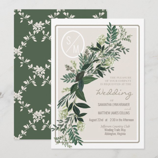Invitation Guirlande élégante de verdure, fougères et baies (Devant / Derrière)