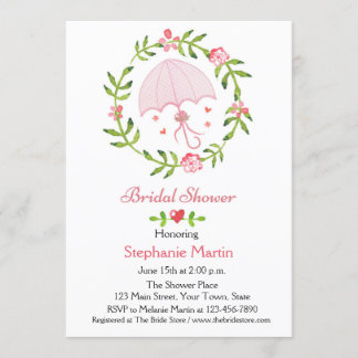 Invitation Guirlande florale avec le parapluie rose, Fête de