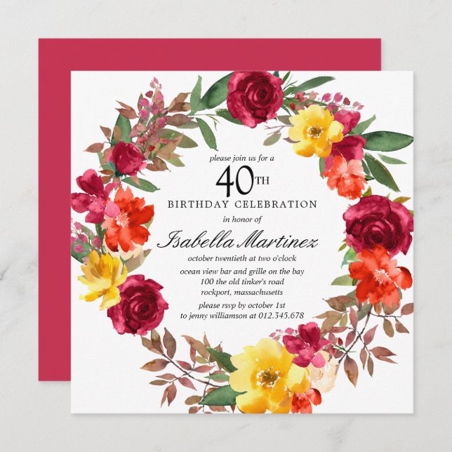 Invitation Guirlande florale orange bordeaux 40e anniversaire (Devant / Derrière)