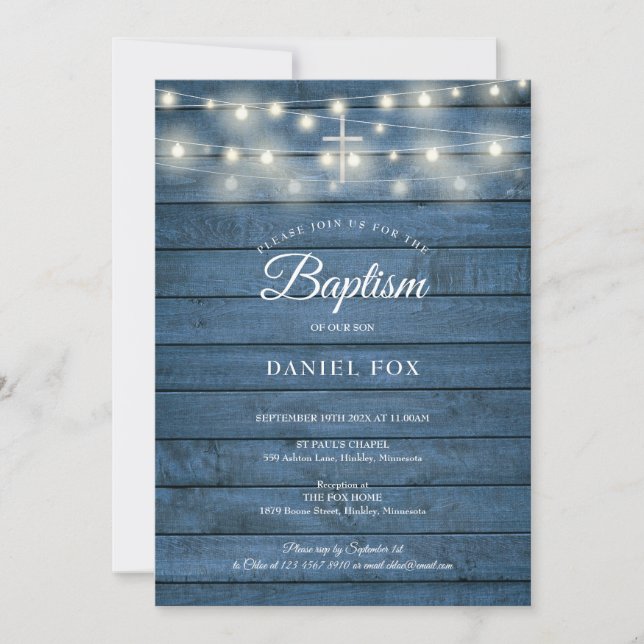 Invitation Guirlande lumineuse Bois bleu Baptême (Devant)