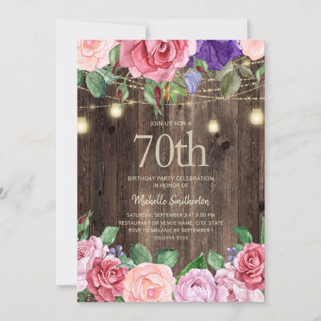 Invitation Guirlande lumineuse de fleurs roses violettes rust (Devant)