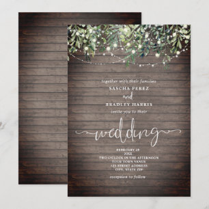 Invitation Guirlande lumineuse de verdure sur planche de bois