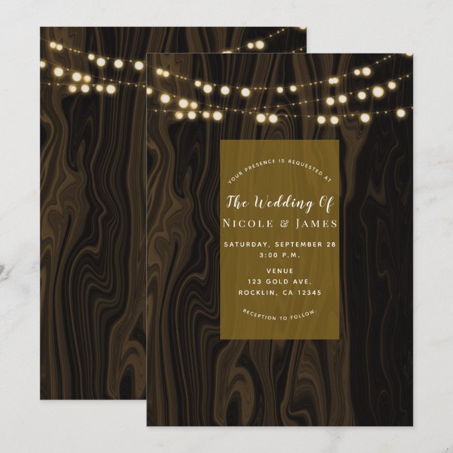 Invitation Guirlande lumineuse en bois marron rustique pour m (Devant / Derrière)