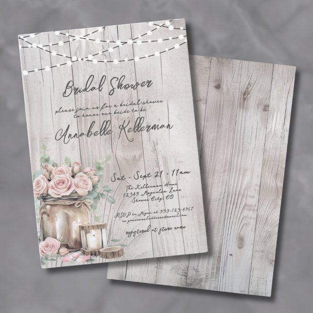 Invitation Guirlande Lumineuse en Bois Rustique pour Fête de  (Rustic Wood String Lights Country Bridal Shower Invitation )
