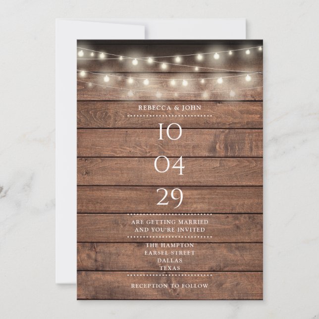 Invitation Guirlande Lumineuse en Bois Rustique pour Mariage (Devant)