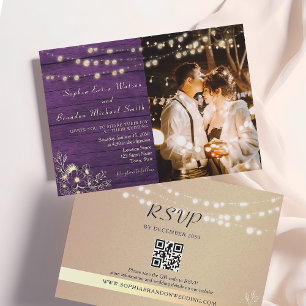 Invitation Guirlande Lumineuse en Bois Rustique Violet Code Q
