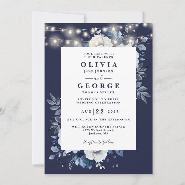 Invitation Guirlande lumineuse florale bleu marine Code QR Ma (Devant)