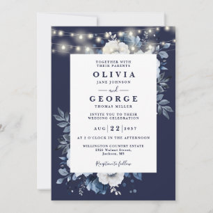 Invitation Guirlande lumineuse florale bleu marine Code QR Ma