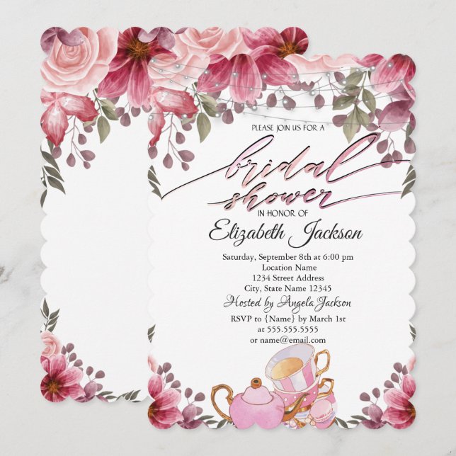 Invitation Guirlande Lumineuse Macarons Théière pour Shower d (Devant / Derrière)