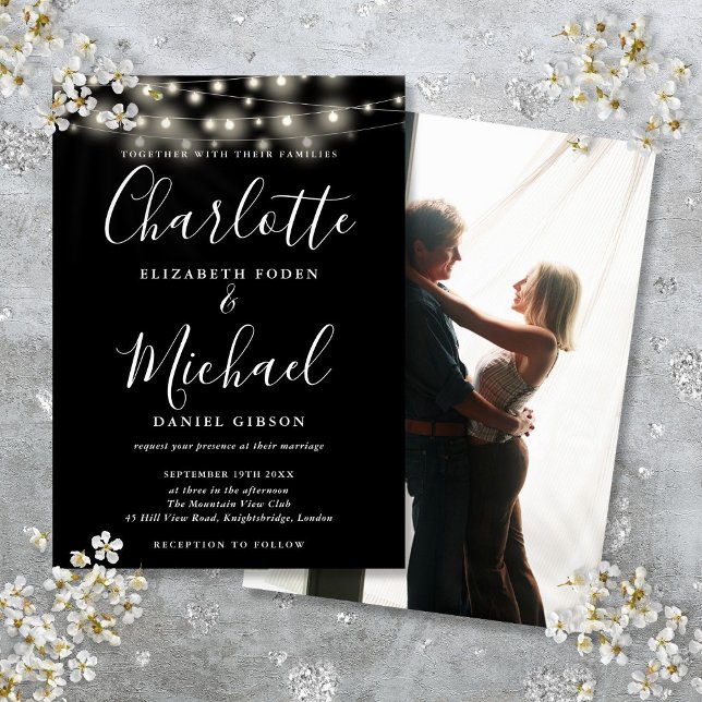 Invitation Guirlande Lumineuse Noir Blanc Script Photo Mariag (Black White String Lights Script Photo Wedding Invitation)