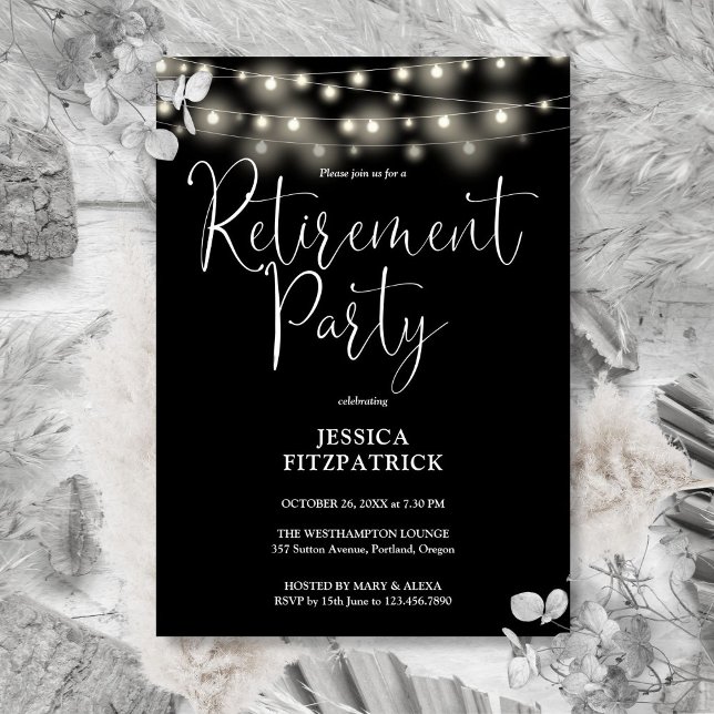 Invitation Guirlande Lumineuse Noir Et Blanc Fête De Retraite (Black And White String Lights Retirement Party Invitation)
