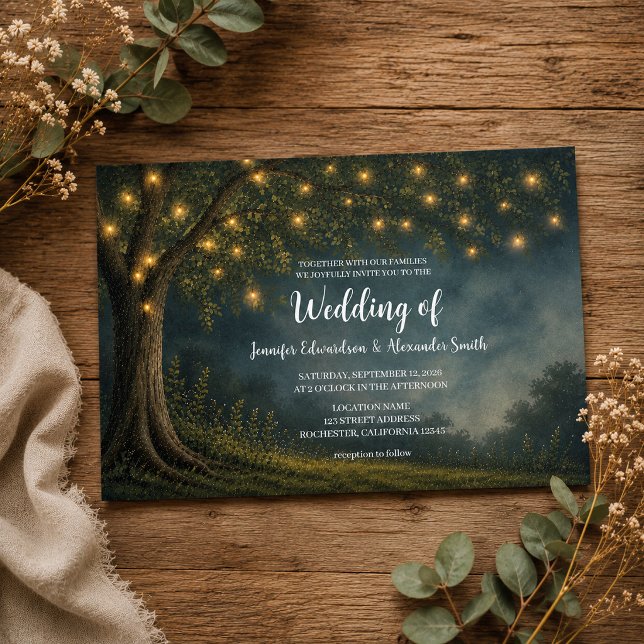 Invitation Guirlande lumineuse rustique d'arbre pour mariage  (Rustic tree string of lights night country wedding invitation. For your rustic country wedding.)