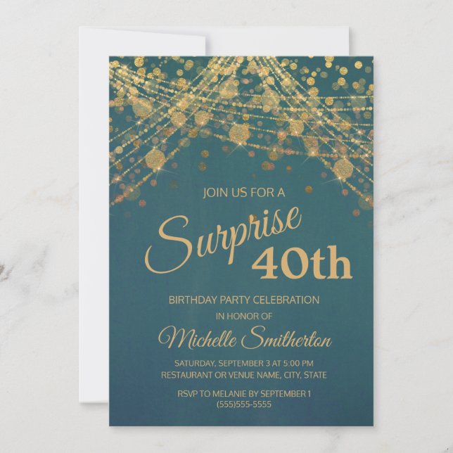 Invitation Guirlande lumineuse sarcelle et or pour 40e annive (Devant)