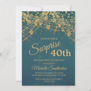 Invitation Guirlande lumineuse sarcelle et or pour 40e annive