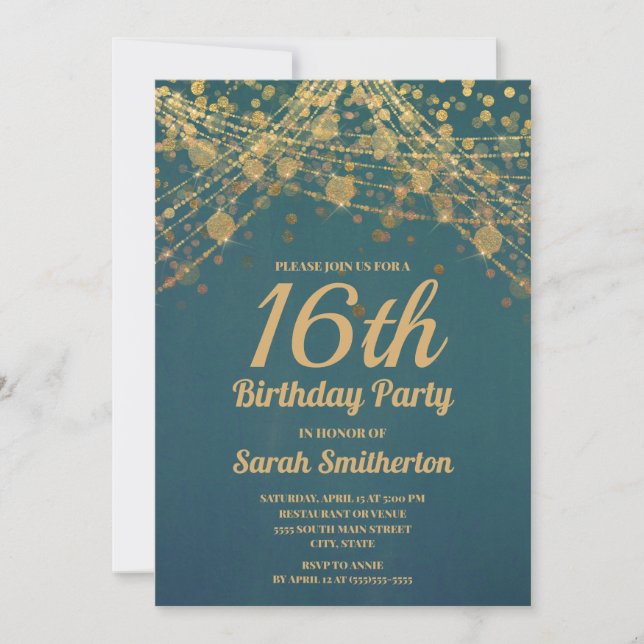 Invitation Guirlande lumineuse sarcelle et or pour un anniver (Devant)