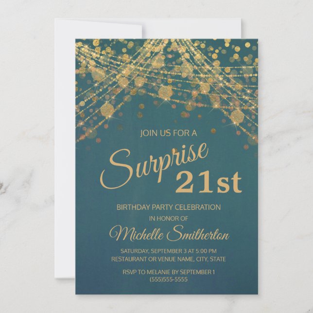 Invitation Guirlande lumineuse sarcelle or pour 21e anniversa (Devant)
