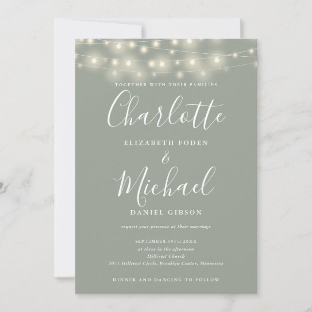 Invitation Guirlande Lumineuse Vert Sauge Code QR Mariage (Devant)