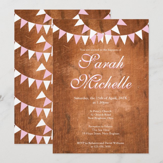 Invitation Guirlande Rose Rustique Vintage Baptême (Devant / Derrière)