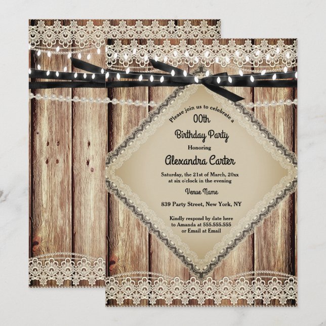 Invitation Guirlande rustique perle dentelle grange bois noir (Devant / Derrière)