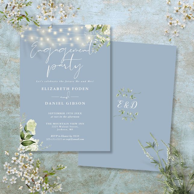Invitation Guirlandes de fleurs lumineuses bleu poussiéreux p (Floral String Lights Dusty Blue Engagement Party Invitation)