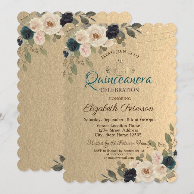 Invitation Guirlandes de lumières Fleurs Kraft Quinceañera  (Devant / Derrière)