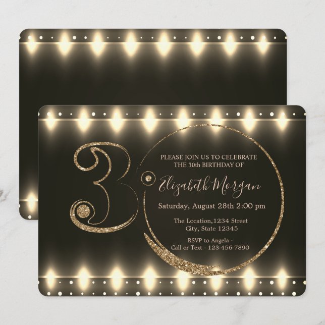 Invitation Guirlandes Lumineuses Dorées 30e Anniversaire   (Devant / Derrière)
