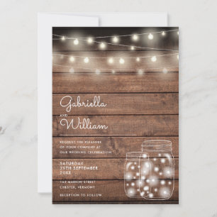 Invitation Guirlandes lumineuses Pots Mason Bois rustique Mar