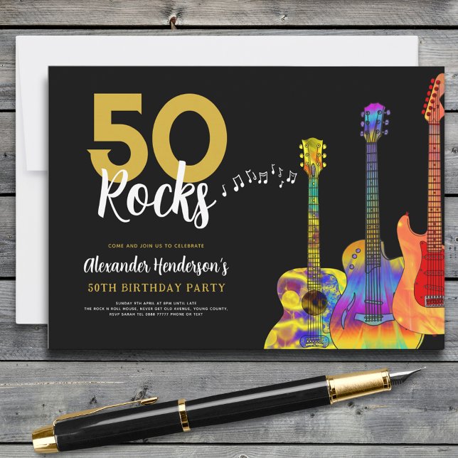 Invitation Guitar 50 fête ses 50 ans (50 rocks cool guitar 50th birthday party invitation gold and black)