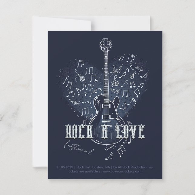 Invitation Guitare électrique avec notes de coeur et de musiq (Devant)