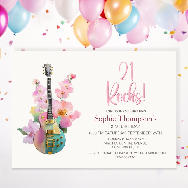 Invitation Guitare électrique Boho rose florale 21e anniversa (Créateur téléchargé)