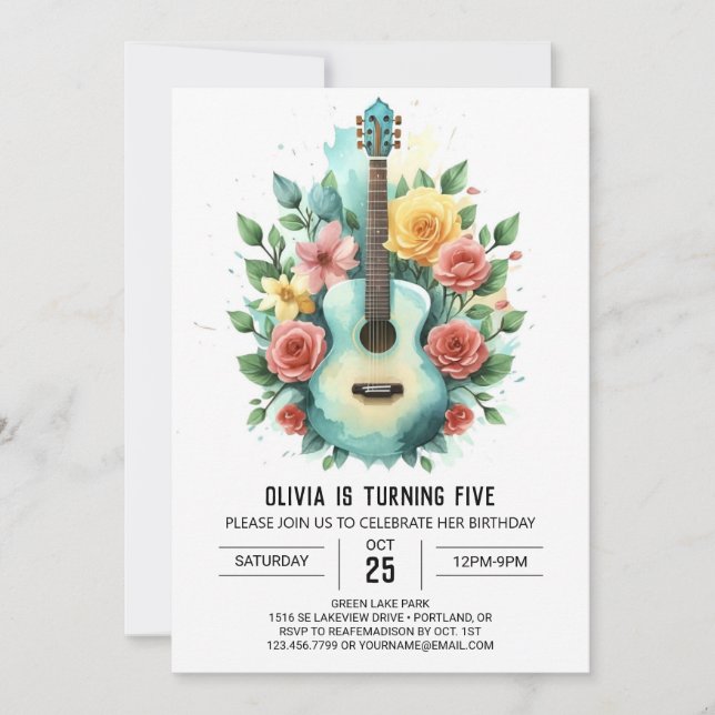 Invitation Guitare fleur sauvage et Chords Anniversaire (Devant)