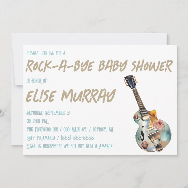 Invitation Guitare, Musique, Baby shower Rock-A-Bye (Devant)