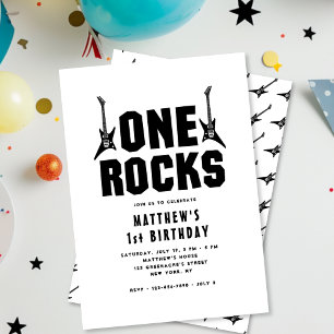 Invitation Guitare Noir et Blanc One Rocks pour 1er Anniversa