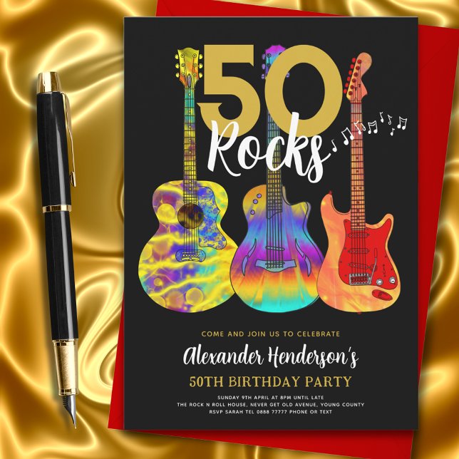Invitation Guitare Noir et Or Fête des 50 ans (50 rocks colorful guitar black and gold 50th Birthday party invitation music theme)