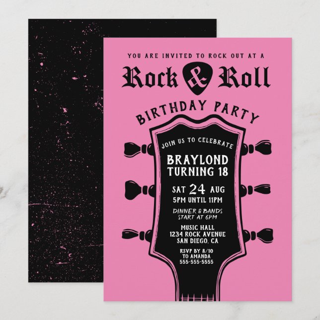 Invitation Guitare Rock n Roll Noir et Rose  (Devant / Derrière)