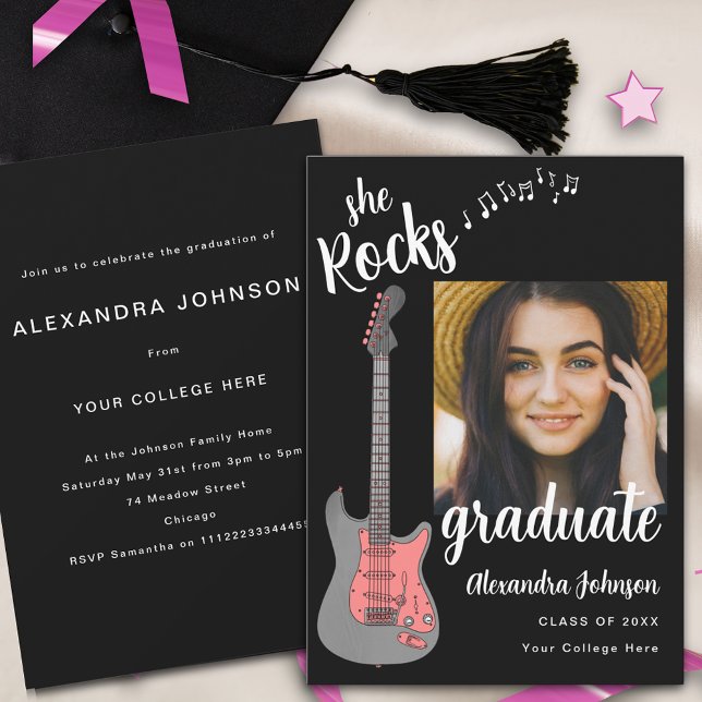 Invitation Guitare Rose Photo de promo Écriture Blanche Fête  (Fun pink guitar black and white modern script graduate photo graduation party invitation )