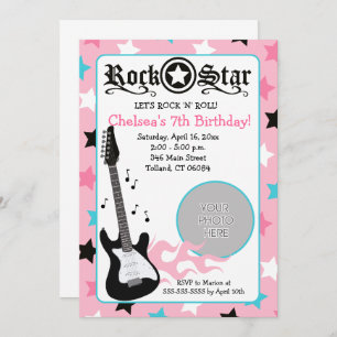 Invitation Guitare Rose Rock Star *PHOTO* Anniversaire 5x7