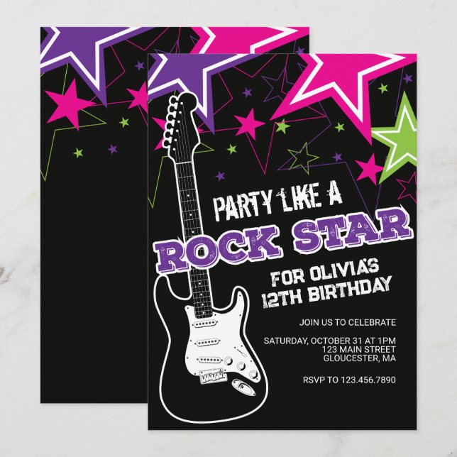 Invitation Guitare rose violet rockstar pour anniversaire (Devant / Derrière)