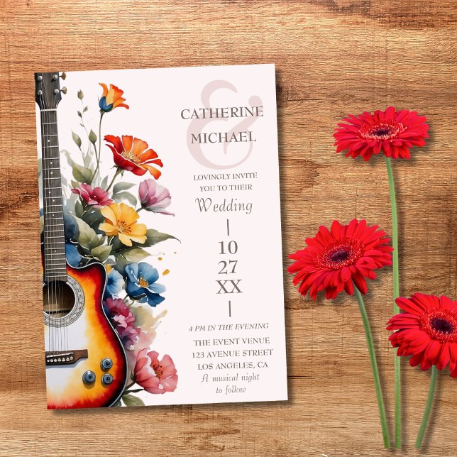 Invitation Guitare Wildflower Esperluette Mariage Musical (Flat lay music theme guitar celebration wildflower meadow rustic wedding Invitation)