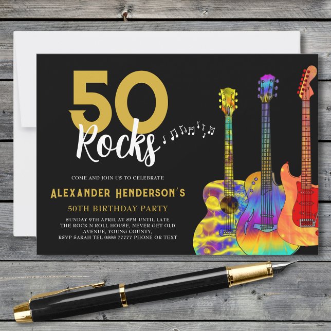 Invitation Guitares pour fête d'anniversaire 50 Rocks (50 Rock birthday party invitation for him funky guitars and cool gold and black 50th birthday invite)