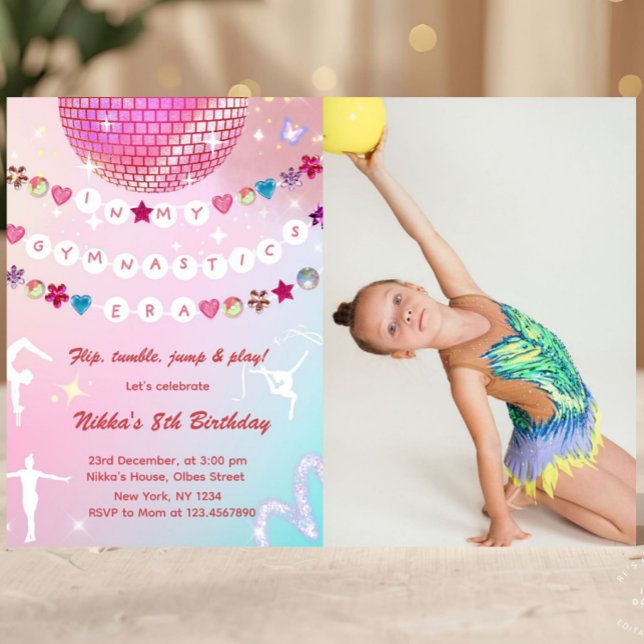 Invitation Gymnastics Birthday Pink Gym Party Photo  (gymnastics, gym, girl birthday, acrobatics, girly, 1st first bday invite, gymnastics party, gymnasti)