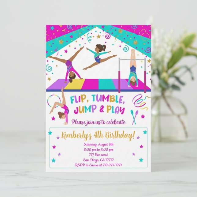 Invitation Gymnastics Pink Purple Turquoise Girl Birthday  (Debout devant)