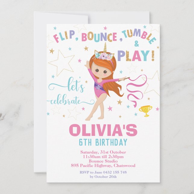 Invitation Gymnastique Anniversaire Unicorn Girl Gymnastique  (Devant)