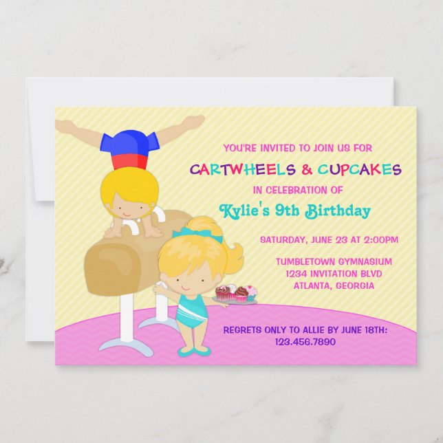 Invitation Gymnastique d'anniversaire Roue et Cupcakes (Devant)