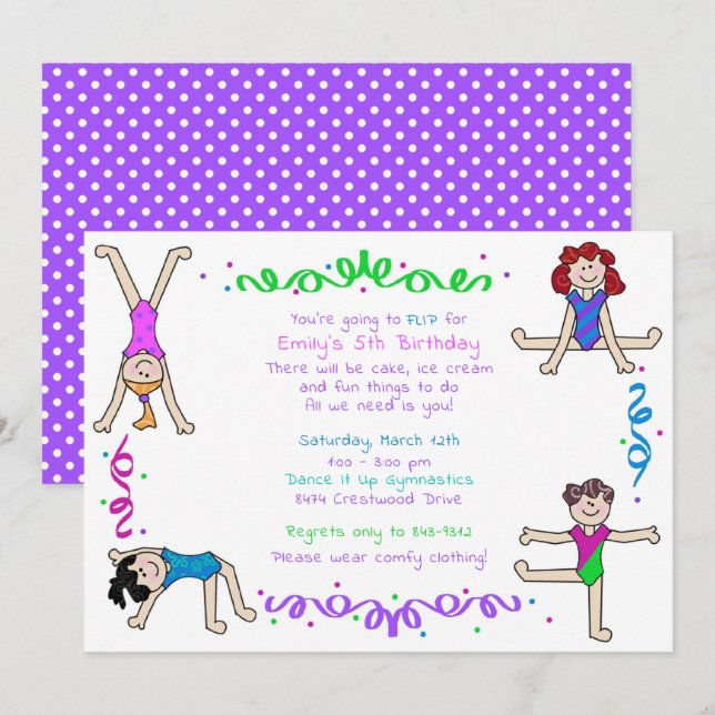 Invitation Gymnastique Filles Tumbling Party Gymnaste Enfants (Devant / Derrière)
