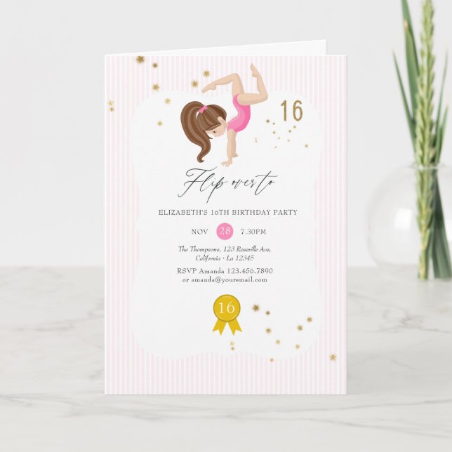 Invitation Gymnastique rose et or 16e anniversaire (Devant)