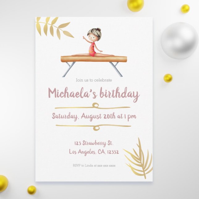 Invitation Gymnastique rose et or fille sur poutre Anniversai (Elegant and cute gymnastics birthday invitation)