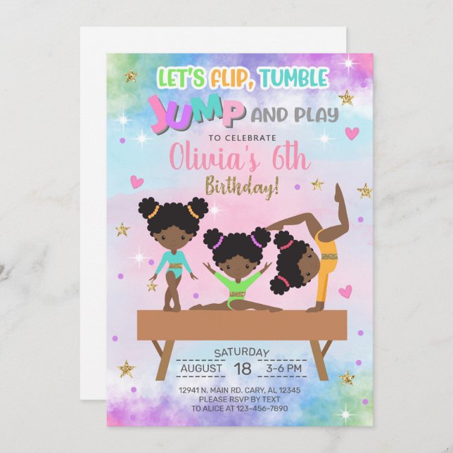 Invitation Gymnastique tonger saut et jouer anniversaire fill (Devant / Derrière)